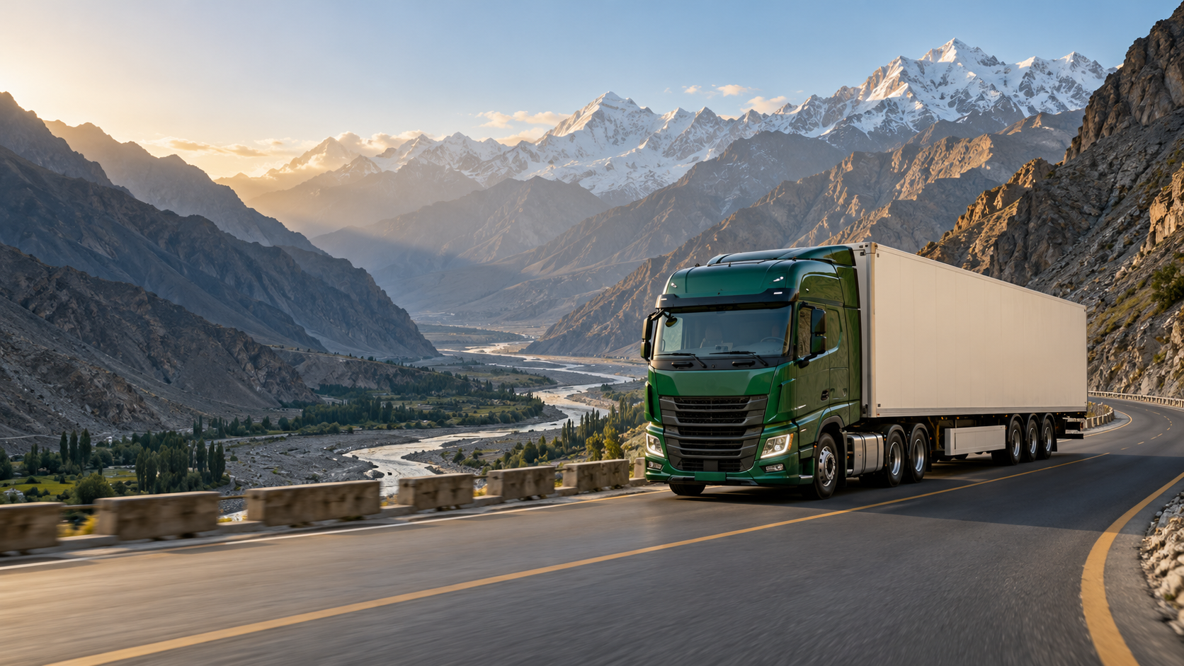AI-created illustrative scene of a green freight truck on a mountain road